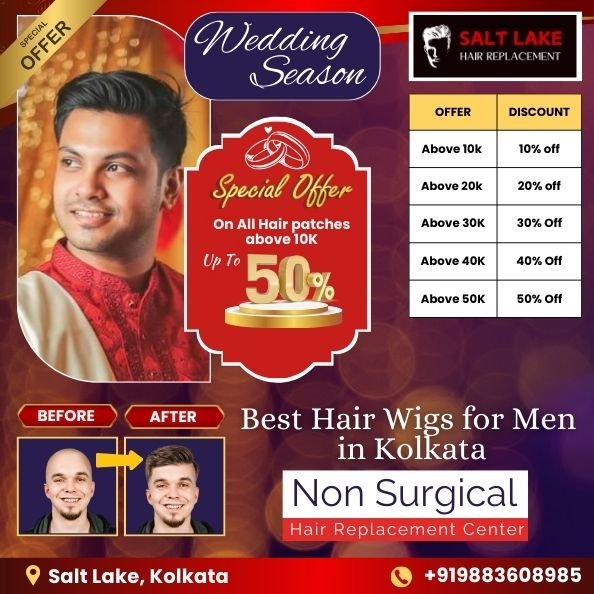 Best solution for balness in men through non-surgical hair replacement for men in Kolkata can be found in Hair Replacement center in Salt Lake, Kolkata. You can get up to 50% off on all hair wigs and hair patches for men this wedding season. We are best non-surgical hair replacement center in Kolkata, which is located in salt lake city. You get new hairstyle by covering any type of bald spot with the help of hair wig fixing, which doesn't involve any surgery, medicine, cuts, pain or side-effects. All this you get at about 10x cheaper than hair transplant, and you get the new look almost instantly, i.e. within 60 minutes. Hair patches and hair wigs in Kolkata hair starts from just rupees 5999. Call us to book free demo and consultation.